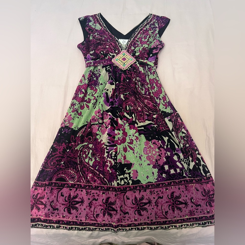 Ice Purple and Green Paisley Beaded V-Neck Dress